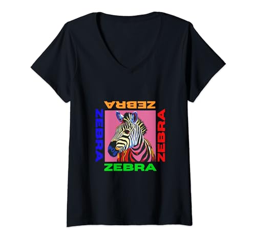 Damen Zebra im Pop Art Stil Malerei für Zebra-Liebhaber Männer Frauen T-Shirt mit V-Ausschnitt von Cute Funny Novelty Gifts