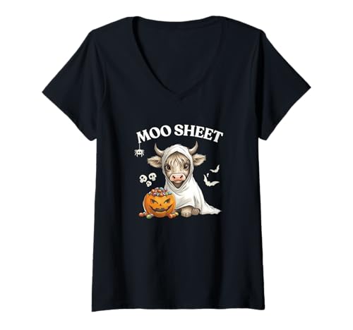 Damen Moo Sheet Highland Cow Ghost Pumpkin Totenköpfe, Spinnenfledermaus, lustig T-Shirt mit V-Ausschnitt Damen Moo Sheet Highland Cow Ghost Pumpkin Totenköpfe, Spinnenfledermaus, lustig T-Shirt mit V-Ausschnitt von Cute Funny Sarcastic Play on Words Spooky Fun CLR