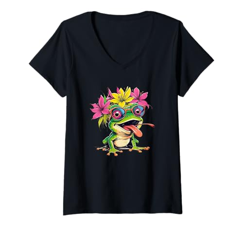 Damen Crazy Frog Toad Flowers Sonnenbrille zum Fliegenfangen mit der Zunge T-Shirt mit V-Ausschnitt Damen Crazy Frog Toad Flowers Sonnenbrille zum Fliegenfangen mit der Zunge T-Shirt mit V-Ausschnitt von Cute Funny Wild Colored Frog just Chillin CLR