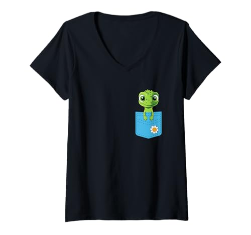 Damen Gecko in der Tasche mit Gänseblümchen T-Shirt mit V-Ausschnitt Damen Gecko in der Tasche mit Gänseblümchen T-Shirt mit V-Ausschnitt von Cute Gecko Pocket Lizard Baby Peeking