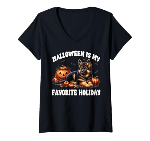 Damen German Shepherd Halloween is My Favorite Holiday for Dog Mom T-Shirt mit V-Ausschnitt Damen German Shepherd Halloween is My Favorite Holiday for Dog Mom T-Shirt mit V-Ausschnitt von Cute German Shepherd Gifts For Halloween Lovers