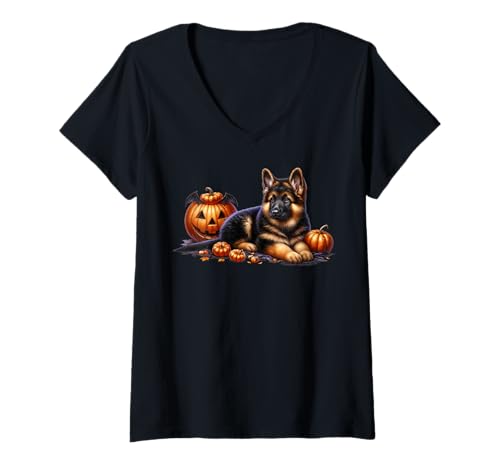 Damen Halloween German Shepherd Pumpkin Graphic for Dog Lover T-Shirt mit V-Ausschnitt Damen Halloween German Shepherd Pumpkin Graphic for Dog Lover T-Shirt mit V-Ausschnitt von Cute German Shepherd Gifts For Halloween Lovers