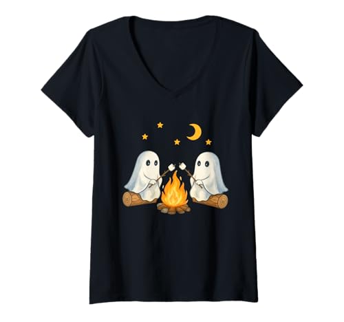 Damen Cute Ghost Camping Halloween Spooky Season Summerween T-Shirt mit V-Ausschnitt Damen Cute Ghost Camping Halloween Spooky Season Summerween T-Shirt mit V-Ausschnitt von Cute Ghost Camping Spooky Season Summerween