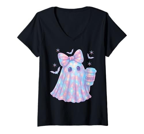 Damen Geist Kokett Schleife Kawaii Pastell Mädchen Kaffee 90er T-Shirt mit V-Ausschnitt von Cute Ghost Coquette Bow Pastel Sweet Spooky Kawaii