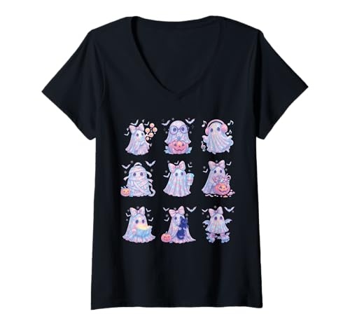 Damen Süß Geist Kokett Rosa Schleife Kawaii Pastell Mädchen 90er T-Shirt mit V-Ausschnitt von Cute Ghost Coquette Bow Pastel Sweet Spooky Kawaii