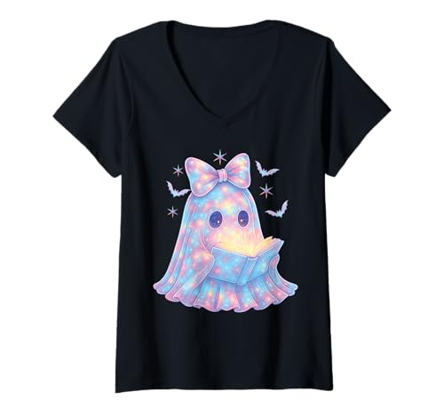Damen Süß Geist Kokette Schleife Bücherwurm Kawaii Pastell Mädchen T-Shirt mit V-Ausschnitt von Cute Ghost Coquette Bow Pastel Sweet Spooky Kawaii
