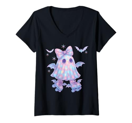 Damen Süß Geist Kokette Schleife Rollschuhe Kawaii Pastell Mädchen T-Shirt mit V-Ausschnitt von Cute Ghost Coquette Bow Pastel Sweet Spooky Kawaii