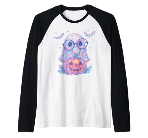 Süße Geist Nerd-Brille Kürbis Kawaii Pastell Mädchen 90er Raglan von Cute Ghost Coquette Bow Pastel Sweet Spooky Kawaii