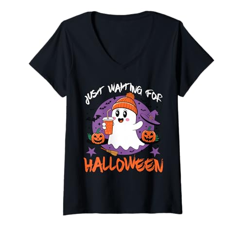 Damen Gruseliger Herbst mit süßem Halloween-Kürbis-Gewürz T-Shirt mit V-Ausschnitt Damen Gruseliger Herbst mit süßem Halloween-Kürbis-Gewürz T-Shirt mit V-Ausschnitt von Cute Ghost Designs