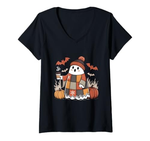 Damen Platwork Ghost Netter Geist trinkt Kaffee Halloween T-Shirt mit V-Ausschnitt Damen Platwork Ghost Netter Geist trinkt Kaffee Halloween T-Shirt mit V-Ausschnitt von Cute Ghost Drinking Coffee Halloween Platwork