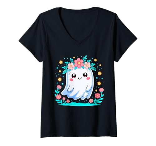 Damen Entzückender Kawaii Blumen Geistererscheinung Halloween Spaß T-Shirt mit V-Ausschnitt von Cute Ghost Floral Niche