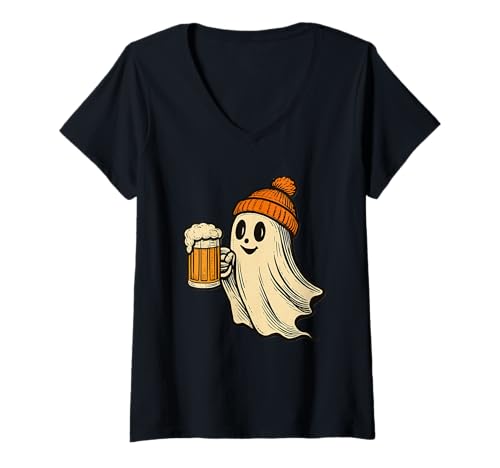 Damen Cute Ghost Halloween Lecker Bierchen Orange Bobble Hat Bier T-Shirt mit V-Ausschnitt Damen Cute Ghost Halloween Lecker Bierchen Orange Bobble Hat Bier T-Shirt mit V-Ausschnitt von Cute Ghost Fun Beer Lover Party Drinking Halloween