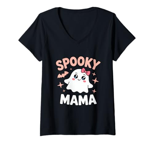 Damen Gruseliges Mama-T-Shirt mit niedlichem Geist, Halloween-Kostüm, Mutter-T-Shirt T-Shirt mit V-Ausschnitt von Cute Ghost Halloween Vibes