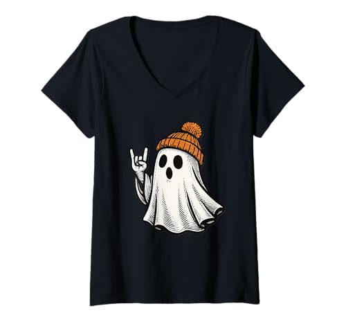 Damen Süsser Geist Halloween Rock Gesture Orange Bobble Hat Geist T-Shirt mit V-Ausschnitt von Cute Ghost Lover Funny Rocking Halloween Cartoon