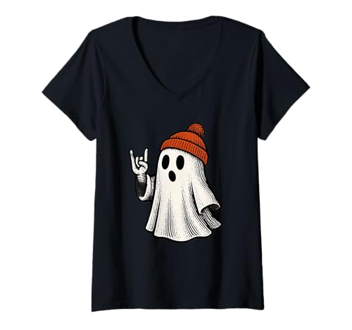 Damen Süsser Geist Halloween Rock Gesture Orange Bobble Hat Geist T-Shirt mit V-Ausschnitt von Cute Ghost Lover Funny Rocking Halloween Cartoon