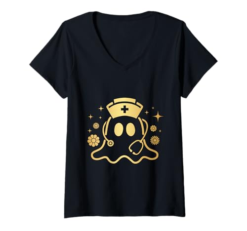 Damen Gruseliger Krankenschwester Geist mit Stethoskop T-Shirt mit V-Ausschnitt von Cute Ghost Nurse Halloween Medical