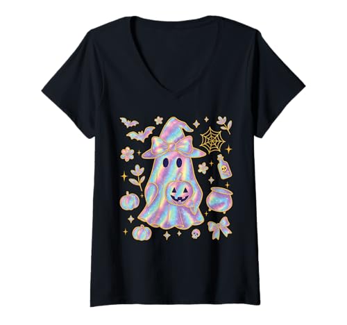 Damen Süßes Gespenst Hexenhut Kokette Schleife Pastellrosa T-Shirt mit V-Ausschnitt Damen Süßes Gespenst Hexenhut Kokette Schleife Pastellrosa T-Shirt mit V-Ausschnitt von Cute Ghost Pastel Pink Coquette Bow Girly 90s y2k
