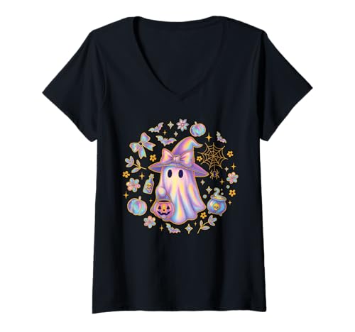 Damen Süßes Gespenst Hexenhut Kokette Schleife Pastellrosa T-Shirt mit V-Ausschnitt von Cute Ghost Pastel Pink Coquette Bow Girly 90s y2k