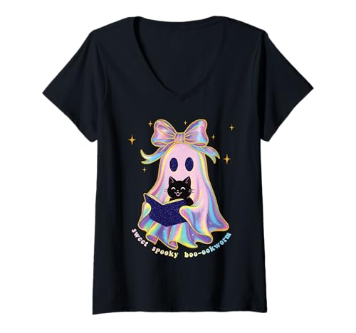 Damen Süßes Gespenst Kokette Schleife Buch lesen Schwartze Katze T-Shirt mit V-Ausschnitt von Cute Ghost Pastel Pink Coquette Bow Girly 90s y2k