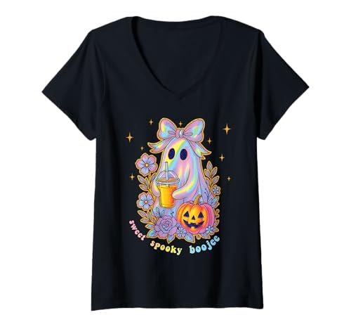 Damen Süßes Gespenst Kokette Schleife Pastellrosa Retro 90 Kawaii T-Shirt mit V-Ausschnitt von Cute Ghost Pastel Pink Coquette Bow Girly 90s y2k