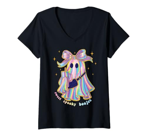 Damen Süßes Gespenst Kokette Schleife Pastellrosa Retro y2k Kawaii T-Shirt mit V-Ausschnitt Damen Süßes Gespenst Kokette Schleife Pastellrosa Retro y2k Kawaii T-Shirt mit V-Ausschnitt von Cute Ghost Pastel Pink Coquette Bow Girly 90s y2k