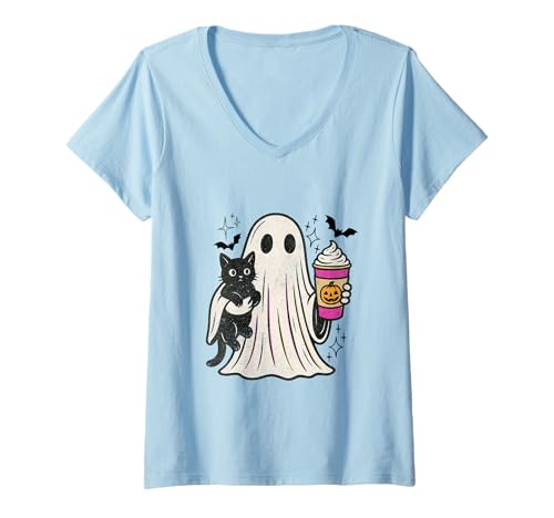 Damen Pumpkin Spice Latte Ghost Holding Black Cat Halloween T-Shirt mit V-Ausschnitt Damen Pumpkin Spice Latte Ghost Holding Black Cat Halloween T-Shirt mit V-Ausschnitt von Cute Ghost Pumpkin Spice Latte & Black Cat Graphic