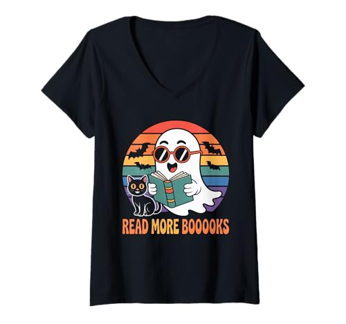 Damen Lesen Sie mehr Bücher Cute Ghost Reading Book Teacher Halloween T-Shirt mit V-Ausschnitt Damen Lesen Sie mehr Bücher Cute Ghost Reading Book Teacher Halloween T-Shirt mit V-Ausschnitt von Cute Ghost Reading Book Teacher Halloween Tee