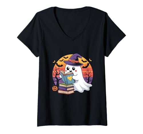 Damen Niedliche Geister-Lesebücher – Herbst-Halloween-Buchliebhaber-Design T-Shirt mit V-Ausschnitt Damen Niedliche Geister-Lesebücher – Herbst-Halloween-Buchliebhaber-Design T-Shirt mit V-Ausschnitt von Cute Ghost Reading Books Vibes