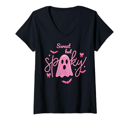 Damen Süßer Geist Retro y2k Pink Lustig Süß Halloween Mädchen T-Shirt mit V-Ausschnitt von Cute Ghost Retro 90s Pastel Pink Girly Halloween