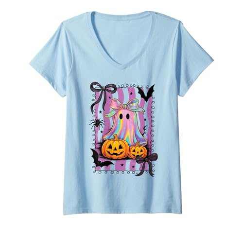 Damen Süßer Geist koketter Schleife Halloween Retro 90 y2k Mädchen T-Shirt mit V-Ausschnitt von Cute Ghost Retro 90s Rad Girl Purple Halloween