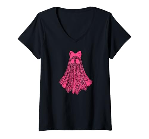 Damen Kokette Spitze Geist Orange Schleife Vintage Romantisch Halloween T-Shirt mit V-Ausschnitt Damen Kokette Spitze Geist Orange Schleife Vintage Romantisch Halloween T-Shirt mit V-Ausschnitt von Cute Ghost Shirts by Southerngal