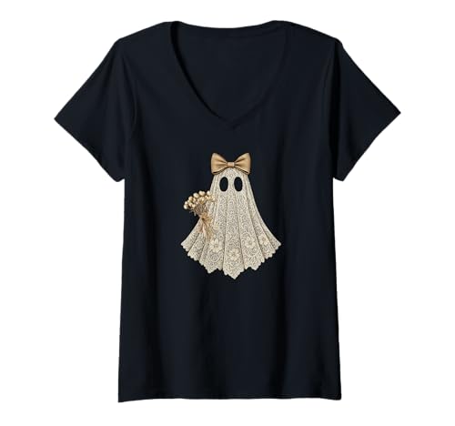 Damen Kokette Spitze Geist Orange Schleife Vintage Romantisch Halloween T-Shirt mit V-Ausschnitt Damen Kokette Spitze Geist Orange Schleife Vintage Romantisch Halloween T-Shirt mit V-Ausschnitt von Cute Ghost Shirts by Southerngal
