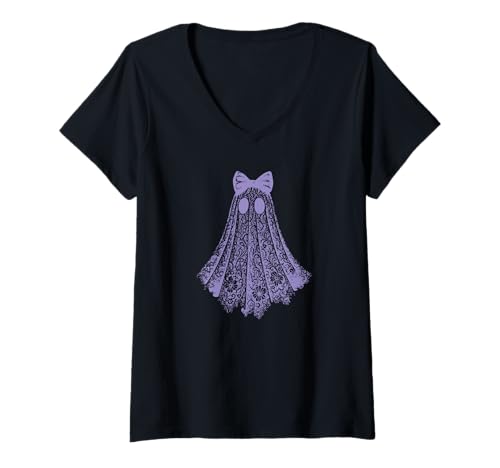Damen Kokette Spitze Geist Orange Schleife Vintage Romantisch Halloween T-Shirt mit V-Ausschnitt Damen Kokette Spitze Geist Orange Schleife Vintage Romantisch Halloween T-Shirt mit V-Ausschnitt von Cute Ghost Shirts by Southerngal