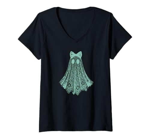 Damen Kokette Spitze Geist Orange Schleife Vintage Romantisch Halloween T-Shirt mit V-Ausschnitt Damen Kokette Spitze Geist Orange Schleife Vintage Romantisch Halloween T-Shirt mit V-Ausschnitt von Cute Ghost Shirts by Southerngal