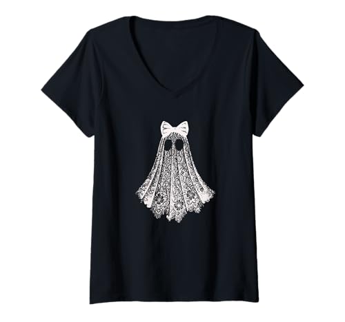 Damen Kokette Spitze Geist Orange Schleife Vintage Romantisch Halloween T-Shirt mit V-Ausschnitt von Cute Ghost Shirts by Southerngal