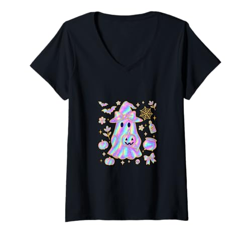 Damen Süßes Geisterhexenshirt Kürbis Kessel Spinne Halloween Spaß T-Shirt mit V-Ausschnitt von Cute Ghost Witch Tee Shirts for Girls Halloween