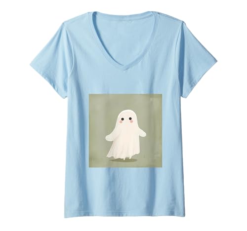 Damen Lustiger Geist Halloween T-Shirt mit V-Ausschnitt von Cute Ghost for Halloween Designs