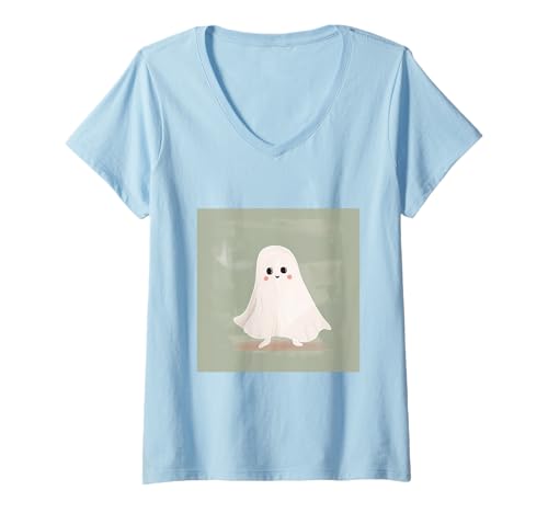 Damen Lustiger Geist Halloween T-Shirt mit V-Ausschnitt von Cute Ghost for Halloween Designs