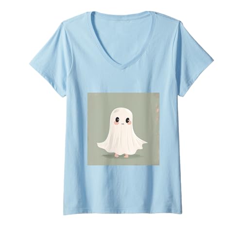 Damen Lustiger Geist Halloween T-Shirt mit V-Ausschnitt von Cute Ghost for Halloween Designs