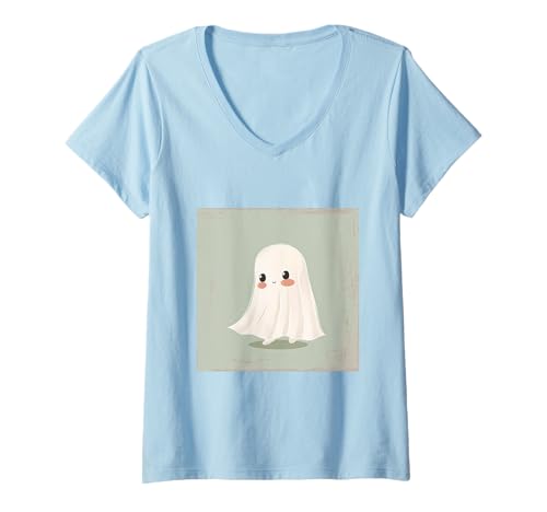 Damen Lustiger Geist Halloween T-Shirt mit V-Ausschnitt von Cute Ghost for Halloween Designs
