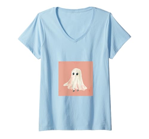 Damen Lustiger Geist Halloween Gruselige Jahreszeit T-Shirt mit V-Ausschnitt von Cute Ghost for Spooky Season Designs