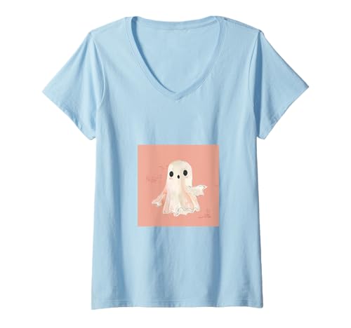 Damen Lustiger Geist Halloween Gruselige Jahreszeit T-Shirt mit V-Ausschnitt von Cute Ghost for Spooky Season Designs
