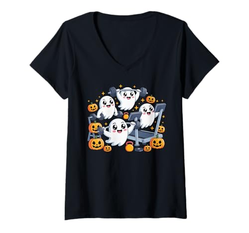Damen Niedliche Geister, die Halloween trainieren, für Fitness- und Fitness-Liebhaber T-Shirt mit V-Ausschnitt Damen Niedliche Geister, die Halloween trainieren, für Fitness- und Fitness-Liebhaber T-Shirt mit V-Ausschnitt von Cute Ghosts Exercising Halloween Costume Gifts