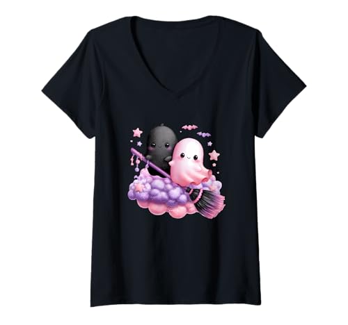 Damen Kawaii Geister auf Wolke mit Besen T-Shirt mit V-Ausschnitt Damen Kawaii Geister auf Wolke mit Besen T-Shirt mit V-Ausschnitt von Cute Ghosts Halloween Kawaii Magic