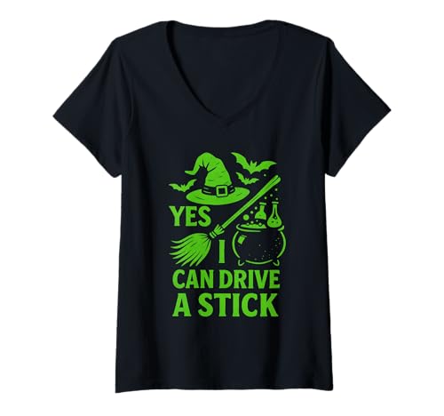 Damen Yes I Can Drive A Stick Halloween Witch Broomstick Spooky T-Shirt mit V-Ausschnitt Damen Yes I Can Drive A Stick Halloween Witch Broomstick Spooky T-Shirt mit V-Ausschnitt von Cute Ghosts Spooky Halloween Party Outfit Witches