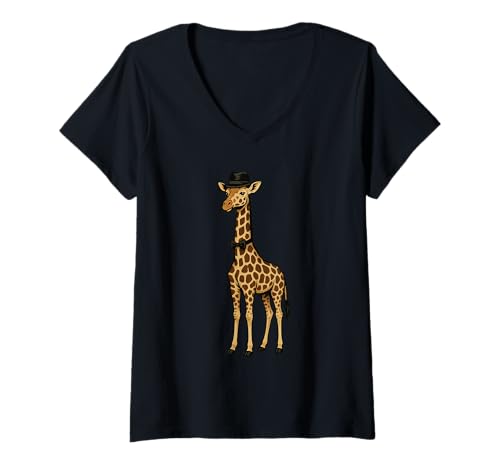 Damen Giraffe Wearing A Hat And Bowtie T-Shirt mit V-Ausschnitt von Cute Giraffe Wearing A Hat Apparel
