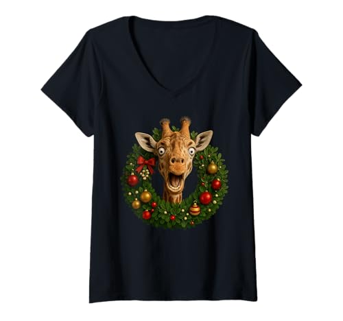 Damen Lustiges Tier, Giraffe, Meme Gesicht, festliches Weihnachten T-Shirt mit V-Ausschnitt von Cute Giraffe with XMAS Wreath Funny Animal Design