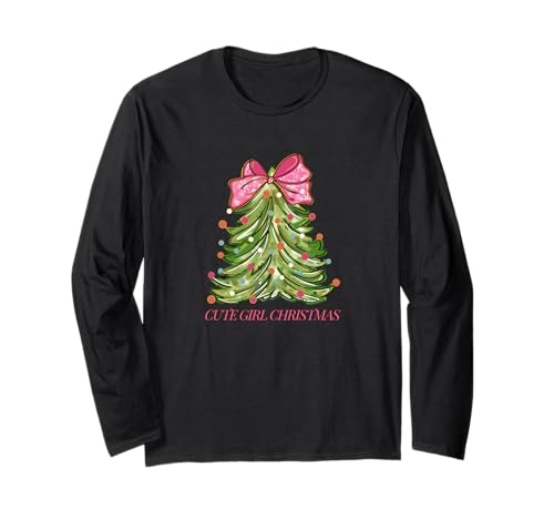 Süßes Mädchen Weihnachtsbaum Rosa Schleife Urlaub Design Langarmshirt Süßes Mädchen Weihnachtsbaum Rosa Schleife Urlaub Design Langarmshirt von Cute Girl Christmas Apparel