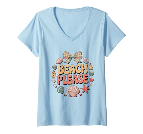 Damen Beach Please Seashell Bow Trip Urlaub für Mädchen T-Shirt mit V-Ausschnitt Damen Beach Please Seashell Bow Trip Urlaub für Mädchen T-Shirt mit V-Ausschnitt von Cute Girls Trip Sayings Co
