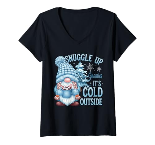 Damen Kuscheln Sie Sich Gnomies Draußen ist es kalt im Schnee Süße Zwergenmädchen T-Shirt mit V-Ausschnitt Damen Kuscheln Sie Sich Gnomies Draußen ist es kalt im Schnee Süße Zwergenmädchen T-Shirt mit V-Ausschnitt von Cute Gnome Christmas Pale Blue Winter Women Girls
